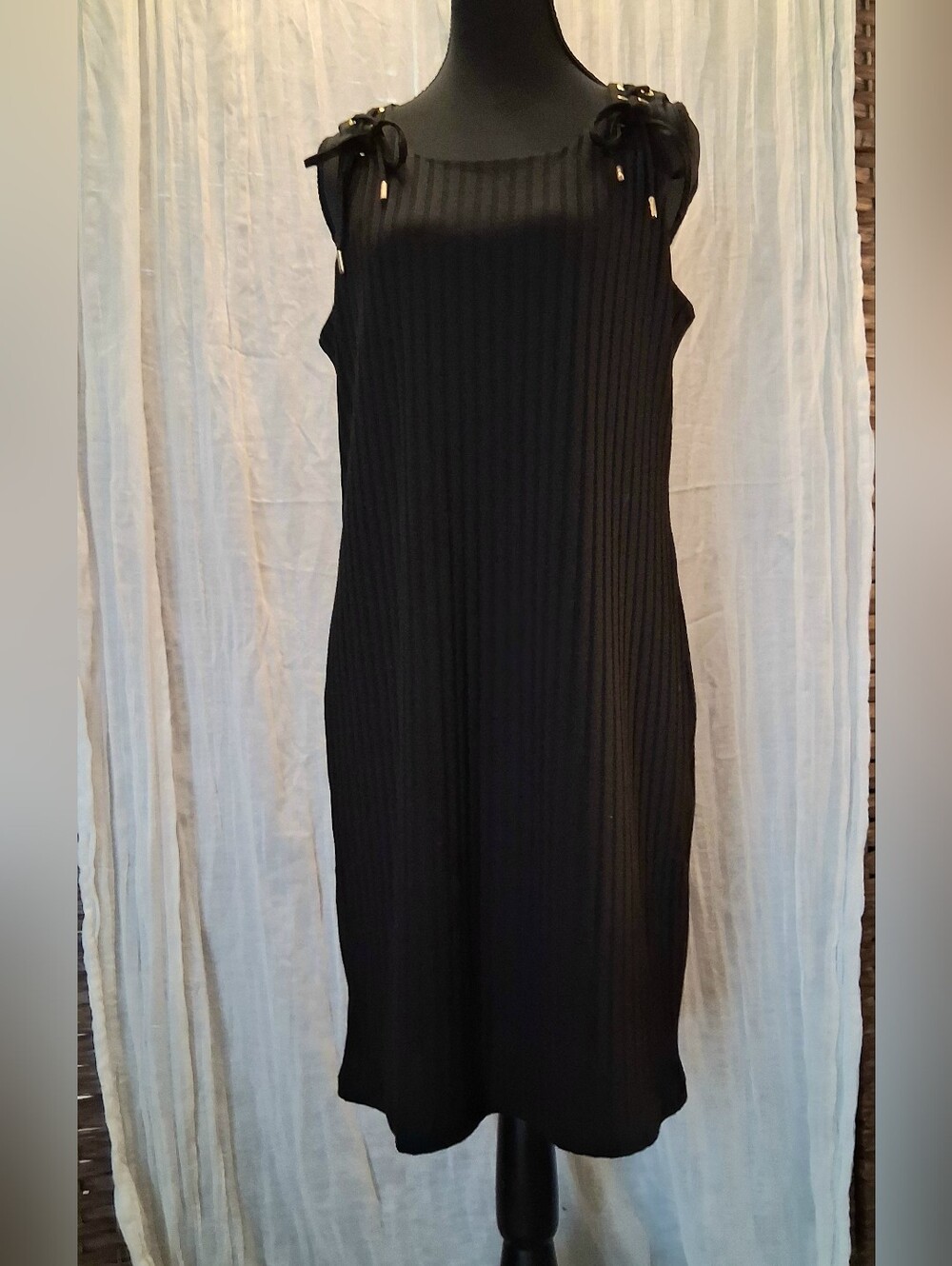 Michael Kors Black Ribbed Midi Dress with Shoulder Tie Accents
